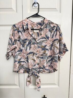 American Eagle Outfitters Floral Tie-Front Crop Blouse - Pink, Blue, Green
